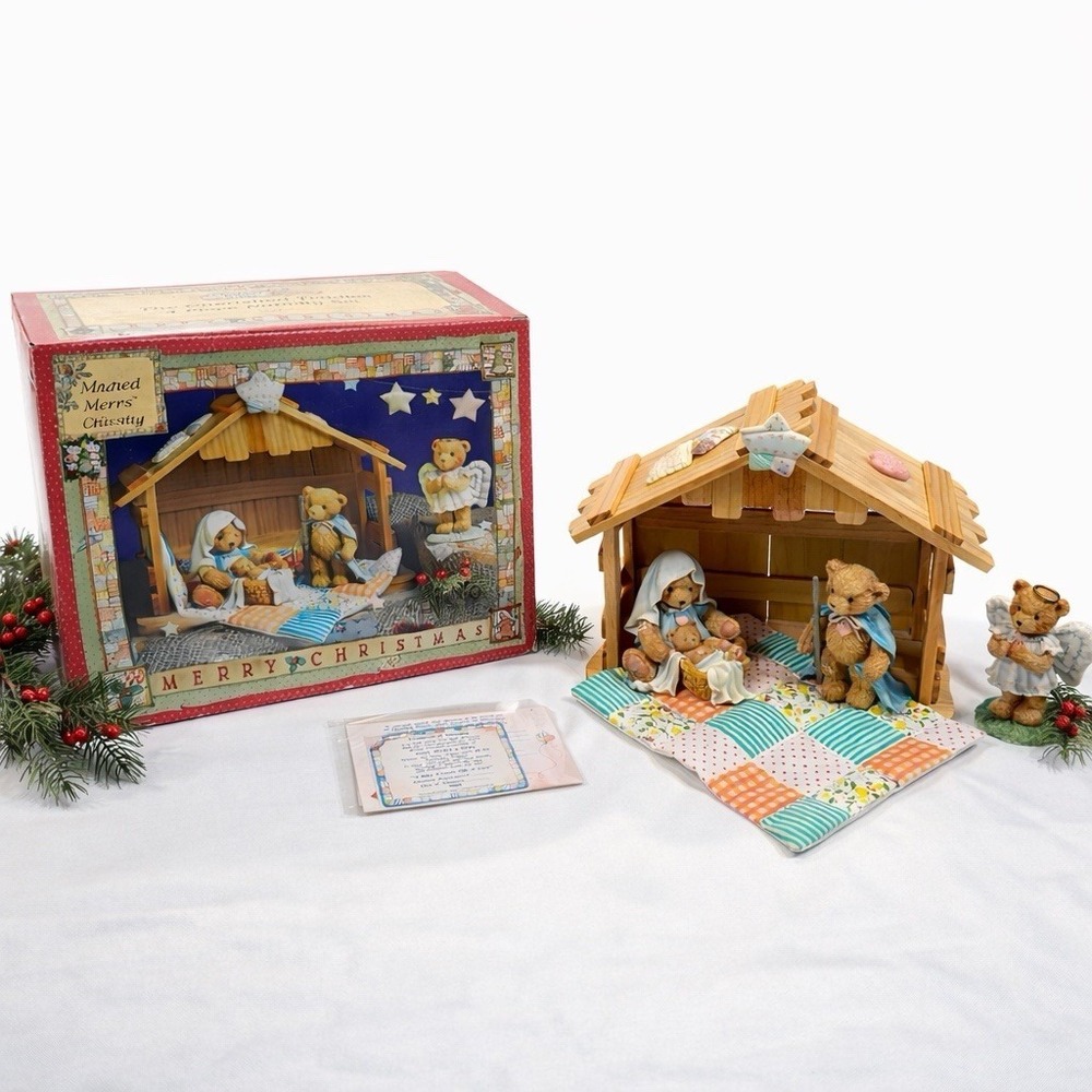 Vintage Enesco Cherished Teddies Nativity 4 Piece Set Stable Figurines Box